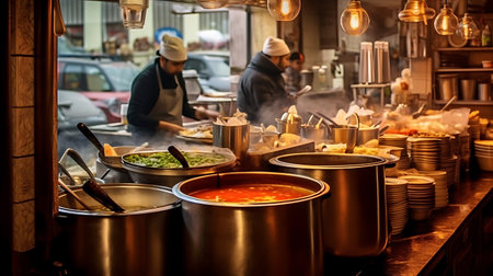 Turkish a bustling soup restaurant, with steaming pots of lentil soup, chicken soup, and tarhana soup, showcasing the popularity of soups in Turkish cuisine. AI generative.の素材