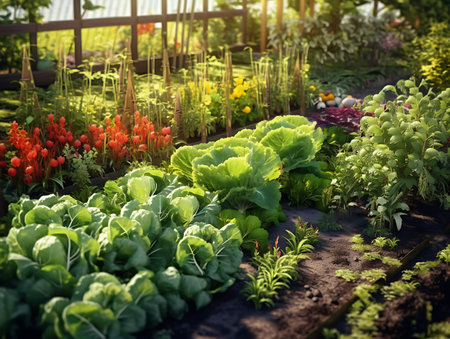 Flowering garden with rows of bright green plants. AI generative.の素材