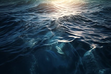 An original beautiful background image for creative work or design in form of water surface with chaotic waves and beautiful light reflections. AI generative.の素材