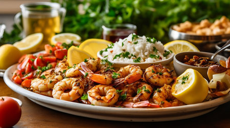 Turkish Seafood Feast featuring grilled squid and shrimp served with lemon zest and garnished with fresh salad and rice. AI generative.の素材