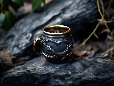 An old iron mug made of copper on a large stone. AI generative.の素材