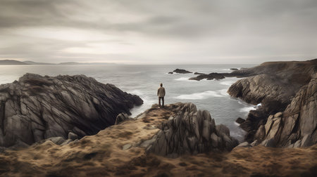 A man stands on a stone mountain and looks out to sea. view from the back. AI generative.の素材