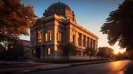 Ancient building on an empty street in the early morning. AI generative.の素材