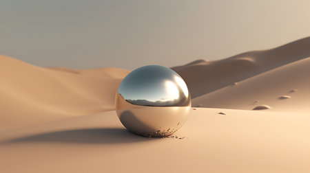 Chromed ball in the desert. minimalist scene. AI generative.の素材