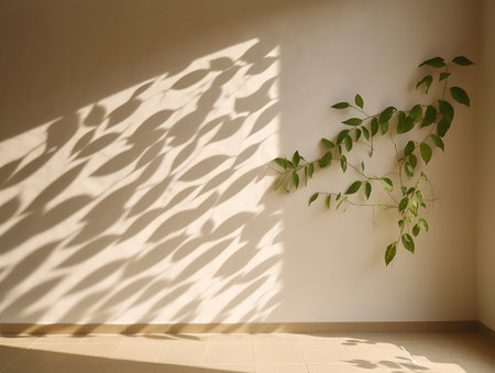 Background with leaves shadows on the wall. Mock up for branding products, presentation . AI Generativeの素材
