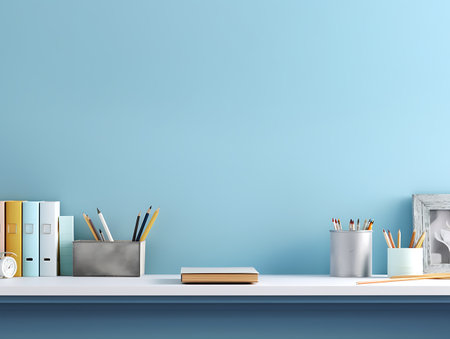 Office desk with supplies, and blue wall background for mock up or copy space. .Ai Generativeの素材