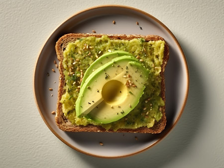Avocado toast isolated on wooden background. top view. AI Generativeの素材