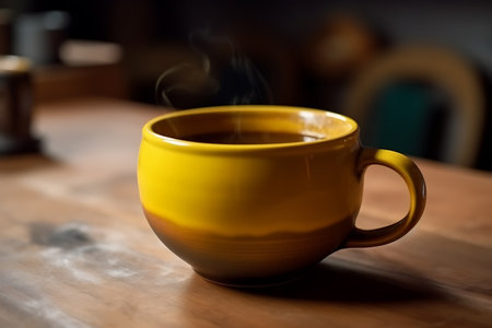 Yellow cup with coffee and steam on a brown, wooden table in the kitchen, close-up . AI Generativeの素材
