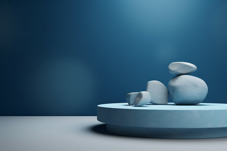 A beautiful blue background for presentations with a podium and masonry round stones in a soothing color scheme. AI Generativeの素材