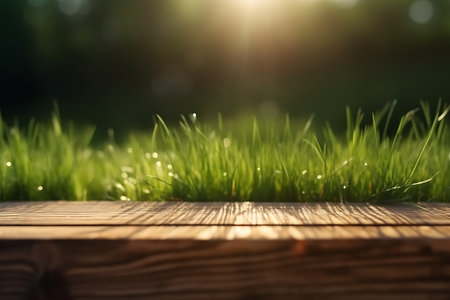 Natural background with flooring from old wooden boards and young green juicy grass in the sun with beautiful bokeh. AI Generativeの素材