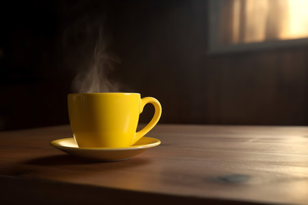 Yellow cup with coffee and steam on a brown, wooden table in the kitchen, close-up . AI Generativeの素材