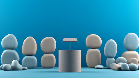 A beautiful blue background for presentations with a podium and masonry round stones in a soothing color scheme. AI Generativeの素材
