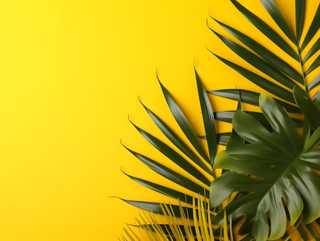Yellow background with palm leaves. Flat lay, . AI Generativeの素材