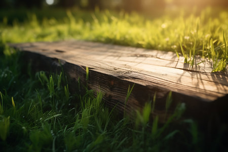 Natural background with flooring from old wooden boards and young green juicy grass in the sun with beautiful bokeh. AI Generativeの素材