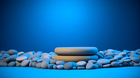 A beautiful blue background for presentations with a podium and masonry round stones in a soothing color scheme. AI Generativeの素材