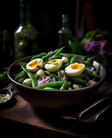 Dark bowl of green bean, vegetable and egg salad, in dark silver and dark purple style. close up. AI Generativeの素材