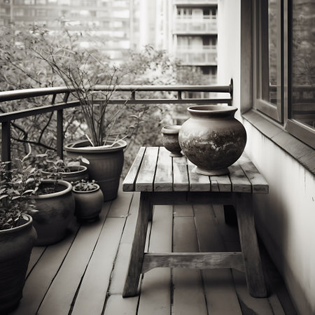 Old wooden bench on a balcony with pots and a stool. AI Generativeの素材