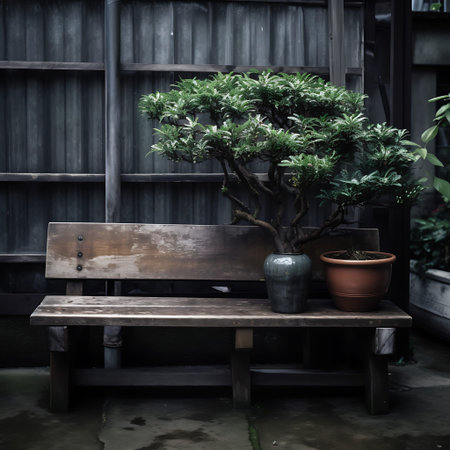 Wooden bench with a potted plant on it. AI Generativeの素材