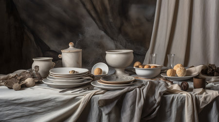 Table with plates, bowls and silverware, in the style of uneven textures. Vintage style AI Generativeの素材