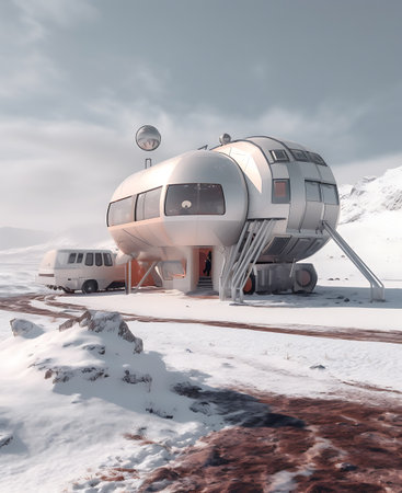 Futuristic house with snow around it, dieselpunk style, space fantasy landscape. AI Generativeの素材