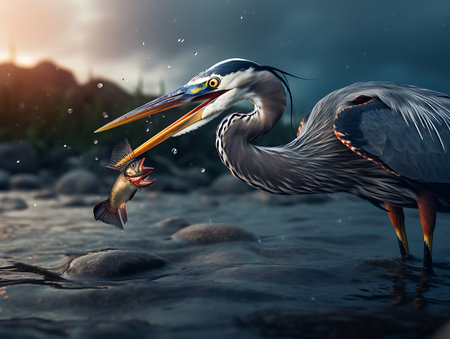 Great Blue Heron Fishing. AI Generativeの素材