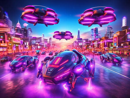 Flying cars in a futuristic world. AI Generativeの素材