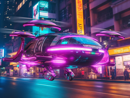 Flying cars in a futuristic world. AI Generativeの素材