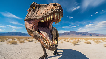 Predator dinosaur in the desert close-up in search of food. AI Generativeの素材