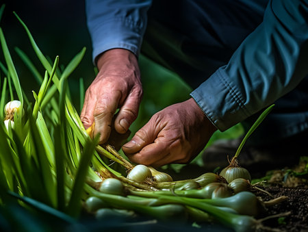 Picking onions in the vegetable garden. AI Generativeの素材