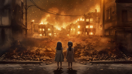 two little girls at night standing in front of a fire. destruction of the house. AI Generativeの素材