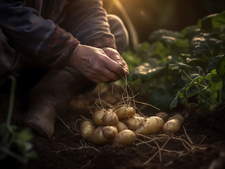 Picking potatoes from the garden close-up focus . AI Generativeの素材