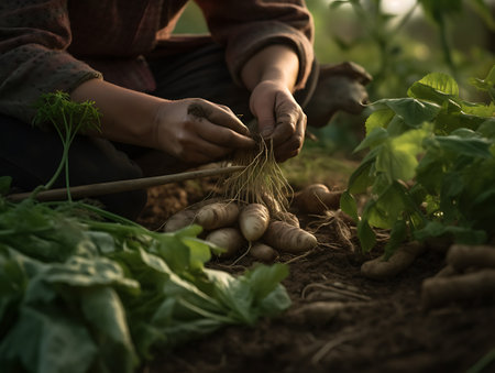 Picking potatoes from the garden close-up focus . AI Generativeの素材