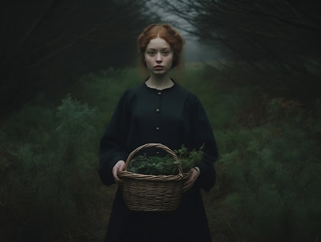 A redhead girl in a dark green dress with a basket in her hands is gathering herbs in a field on a cloudy day. AI Generativeの素材