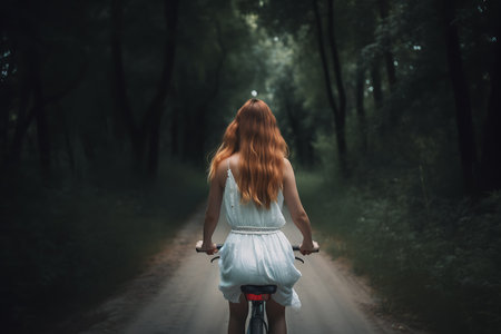 young girl rides a bicycle in the forest. back view. AI Generativeの素材