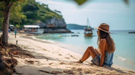 A young girl on the shore of the ocean, looks at the horizon and rests in the summer vacation. AI Generativeの素材
