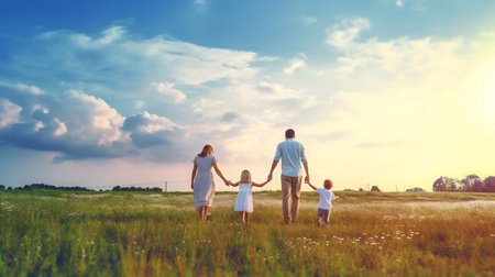 A family with two children is holding hands and walking through a field in the summer. AI Generativeの素材