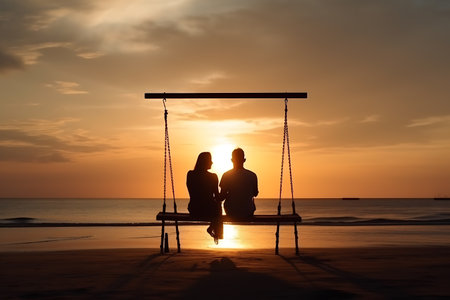 A young couple rides on a swing on the ocean shore against the background of the sunset. romantic love story. AI Generativeの素材