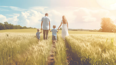 A family with two children is holding hands and walking through a field in the summer. AI Generativeの素材