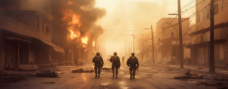 a group of soldiers walk down the street in a ruined city. AI Generativeの素材