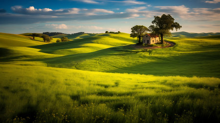 Peaceful countryside landscape, with rolling hills, grazing livestock, and a rustic farmhouse, inviting viewers to embrace the simplicity of rural living.. Ai Generativeの素材