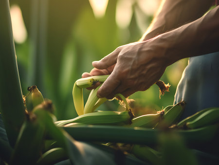 Harvesting bananas on a plantation close-up. AI Generativeの素材