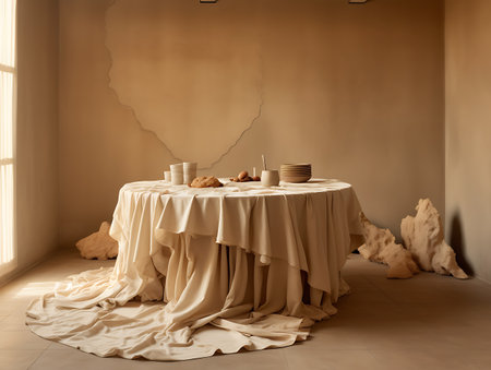 Great vintage style with ceramic dishes. The room is large in light color. AI Generativeの素材