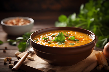 A single serving of red lentil soup made in a slow cooker, served in a white bowl garnished with almonds and cilantro, on wood surface with orange linen and spoon. AI Generativeの素材