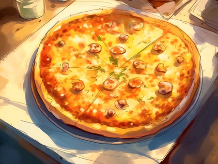 Picture of italian pizza on a wooden stand in a dark kitchen. AI Generativeの素材