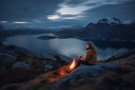 A girl is reading a book at a campsite near a fire sitting on a stone in Norway . AI Generativeの素材