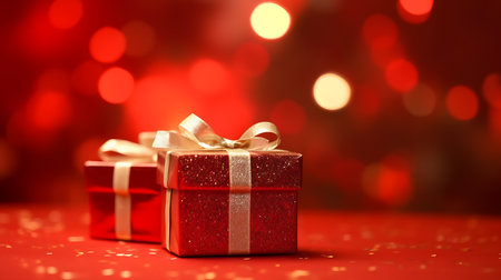 Gift boxes on a red background.. Ai Generativeの素材