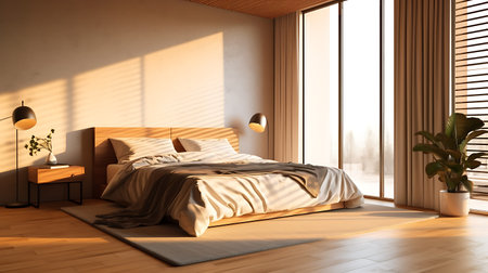 Blank beige brown wall in modern, luxury bedroom in sunlight from window blinds, wooden bed, gray blanket, pillow. AI Generativeの素材
