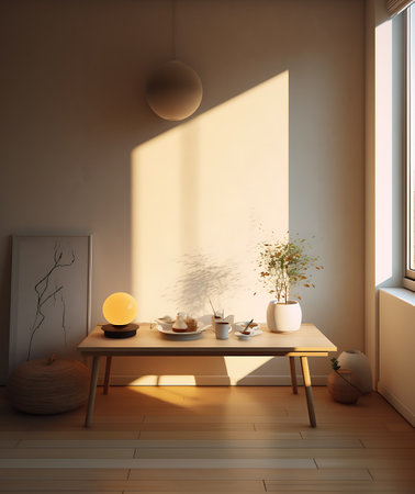 table and lights in a living room, in the style of hallyu, comfycore, depiction of everyday life, atmospheric installations, simple minimalism. AI Generativeの素材