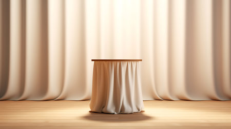 Empty modern round wooden podium side table in soft white blowing drapery curtain drapes in sunlight for luxury cosmetic, skincare, beauty treatment, fashion product display background. AI Generativeの素材