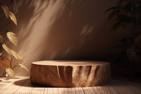 Minimalistic stage with a round wooden podium for advertising, leaves of tropical trees and shadows from them. AI Generativeの素材